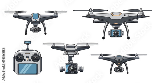 Set of Modern Drones with Cameras and Remote Control Illustration.