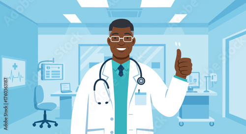 Smiling African American doctor giving a thumbs up in a modern examination room. Concept for healthcare provider, medical clinic and health insurance