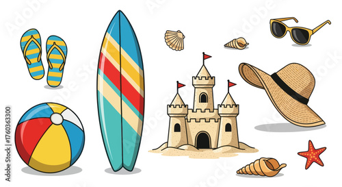Colorful Beach Vacation Elements Illustration Set.