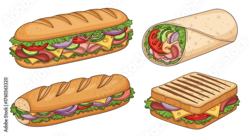 Assortment of Delicious Sandwiches and Wrap Colorful Illustration.
