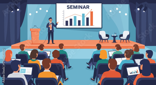 Business Seminar Presentation with Speaker and Audience.