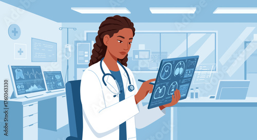 Doctor analyzing CT scan images on digital tablet in modern clinic room, concept for medical diagnosis, healthcare technology and clinical research