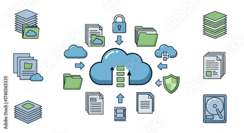 Cloud computing concept illustration with icons for data storage file sharing online backup and digital security.