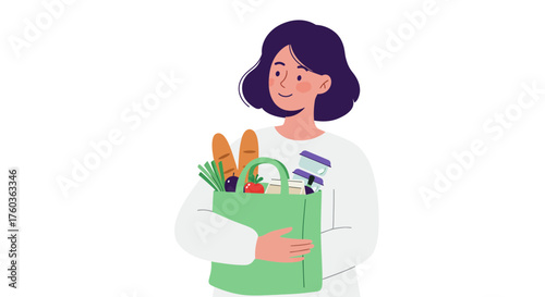 Happy woman holding a green grocery bag filled with bread, vegetables and containers. Concept for sustainable lifestyle, healthy eating habits and reducing food waste.