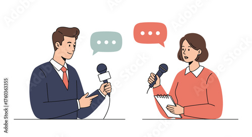 Illustration of a man holding microphone and a woman with notebook at media interview, concept for news broadcasting, public relations and communication strategies.