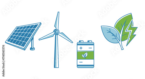 Renewable Energy Sources and Storage Icons: Solar Panel Wind Turbine Battery and Leaf Symbol.