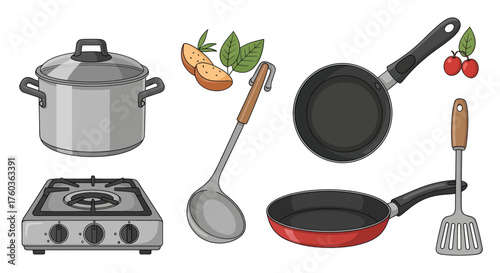 Kitchen Utensils: Pot Pans Ladle Spatula Stove and Food Ingredients Illustration.