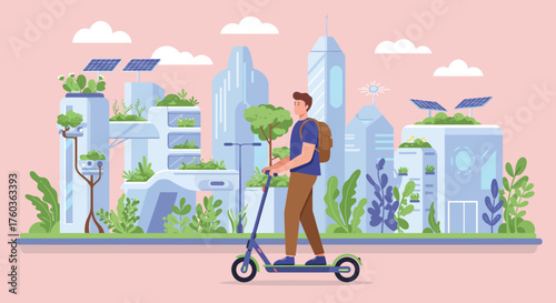 Man rides electric scooter in futuristic city with eco-friendly buildings and greenery, concept for sustainable urban development, renewable energy initiatives and green transportation solutions