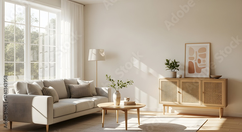 Wallpaper Mural Bright living room with sofa, coffee table, cabinet, and large window casting sunlight on the room Torontodigital.ca