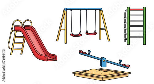 A vibrant illustrated set of classic childrens playground equipment featuring a slide swings monkey bars seesaw and sandbox.