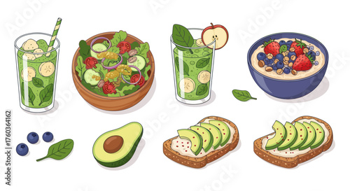 A collection of illustrated healthy breakfast and lunch foods including avocado toast green smoothies salad and oatmeal with berries.