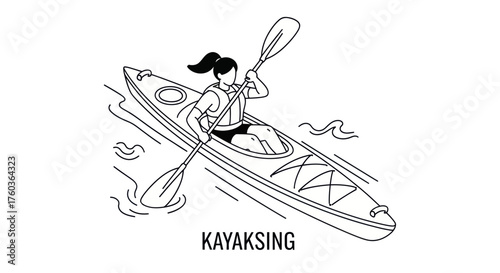 Woman Kayaking on Water with Paddle Line Art Illustration.