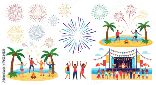 Festive Beach Party with Fireworks and Cheering People.