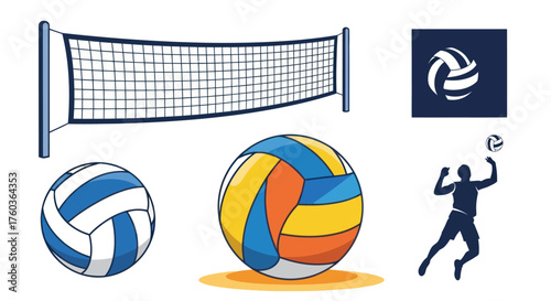 Collection of volleyball sport icons and illustrations including a net balls and a player silhouette.