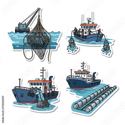 Illustration depicting various fishing boats and equipment used in the ocean.