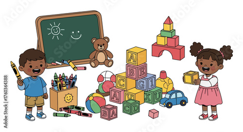 Happy diverse children playing with colorful building blocks crayons and a chalkboard.