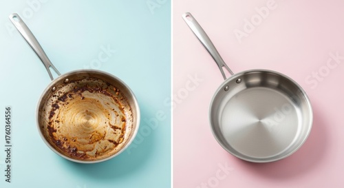 Before and after cleaning a stainless steel skillet shows improvement