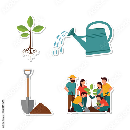 Illustrative depiction of planting and nurturing a young tree with tools and community.