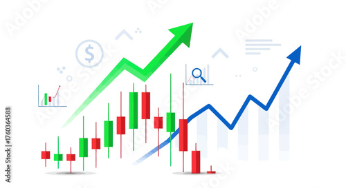 Bullish stock market candlestick chart with green and blue upward trend arrows.