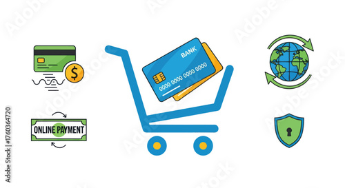 Online Shopping and Secure Payment Icons with Credit Cards in Cart.