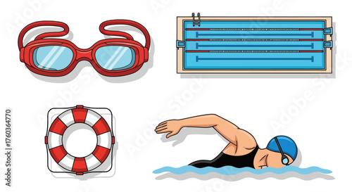 Cartoon Swimmer in Freestyle Stroke with Blue Cap.
