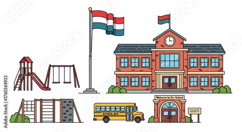 Illustrated School Building with Playground and School Bus.