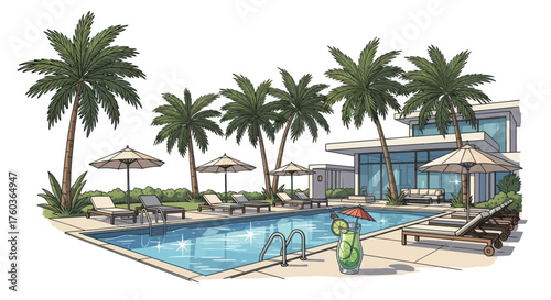 Vibrant tropical resort illustration with swimming pool palm trees and modern villa.