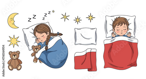 Cartoon Illustrations of Sleeping Children with Pillows and Blankets.