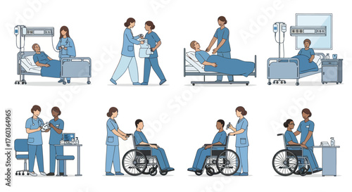 Healthcare professionals assisting patients in various medical settings and scenarios.