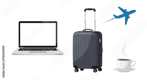 Laptop Suitcase Coffee Cup and Airplane Illustration for Travel Planning.