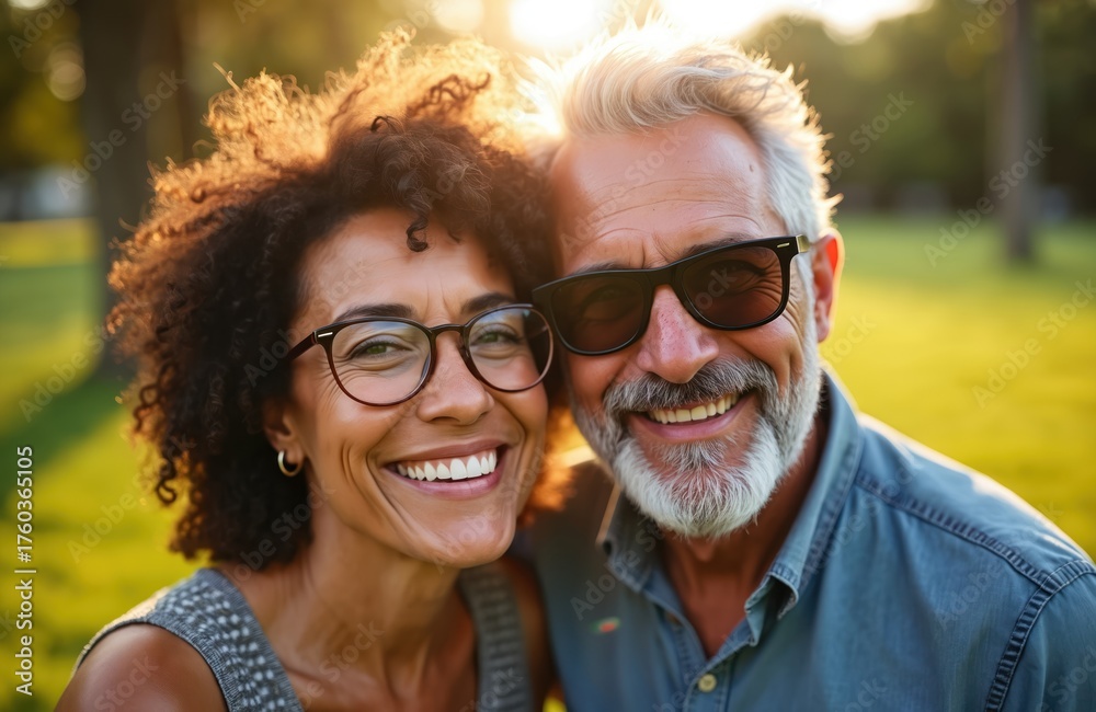 Fototapeta premium Happy mature couple smiles in park. Woman wears glasses. Man wears sunglasses. Sunlight flare behind them. Positive emotions. Outdoor leisure for middle age persons. Wellness and active lifestyle.