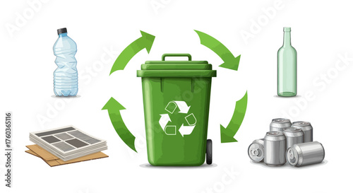 A green wheeled recycling bin with arrows and examples of sorted waste: paper plastic glass and metal.