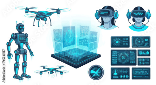 Futuristic Technology Set: Drones Robot VR-AR Headsets Holographic City and UI Elements.