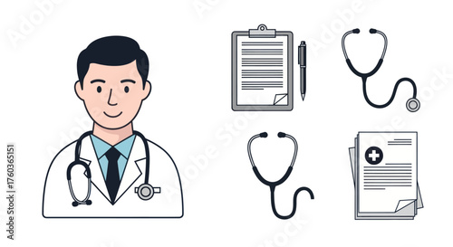 Professional Doctor with Medical Instruments and Documents.