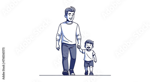Father and Son Walking Together Hand in Hand in a Line Art Style.