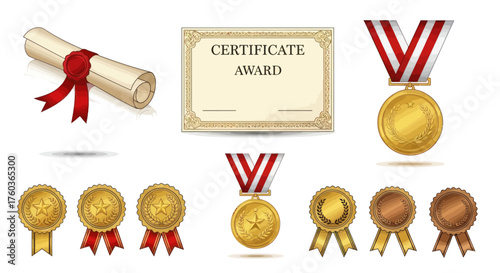 Collection of Awards: Diploma Certificate and Medals for Recognition and Achievement.