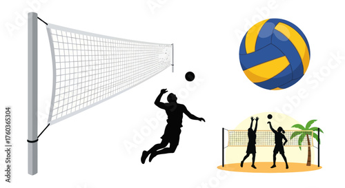 A collection of volleyball sport elements featuring a net ball and player silhouettes in action.