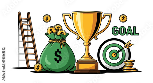 Illustration of success and achievement symbols: a golden trophy money bag target and ladder.