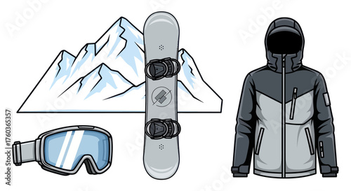 Winter Snowboarding Gear Set: Snowboard Jacket and Goggles Illustration.