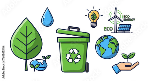 Green recycling bin with eco-friendly symbols and nature elements.