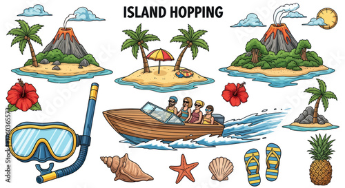 Vibrant Hand-Drawn Tropical Island Hopping Vacation Elements Set.