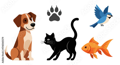 Cartoon Pets Collection: Dog Cat Bird Goldfish and Paw Print Illustration.