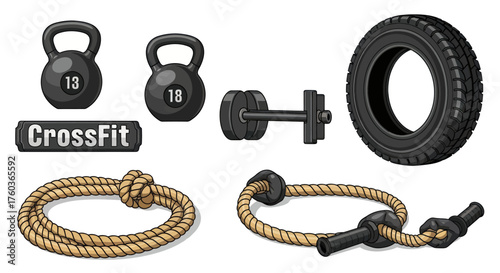 Assorted CrossFit Equipment: Kettlebells Dumbbell Tire Ropes.