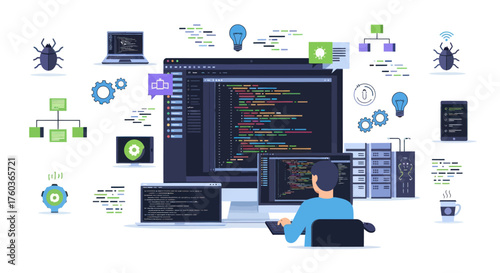 Programmer working on a computer with code and server racks.