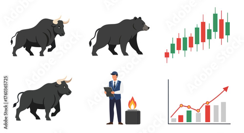 Financial Market Symbols: Bull Bear and Stock Charts.