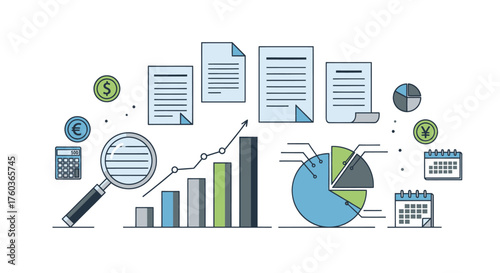Business and Financial Analysis with Charts Documents and Magnifying Glass.