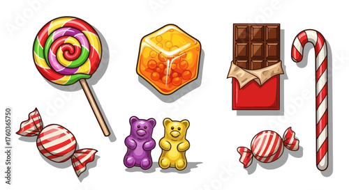 Colorful Assortment of Candies: Lollipop Jelly Chocolate Candy Cane and Gummies.