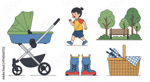 Collection of Outdoor Activities and Items: Stroller Child Park Bench Boots Picnic Basket.