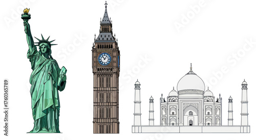 Iconic Global Landmarks: Statue of Liberty Big Ben and Taj Mahal.