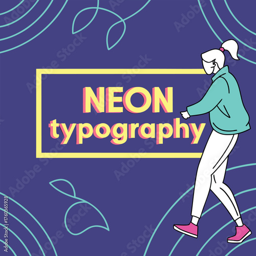 Illustration featuring neon typography within a yellow frame and a woman walking on a purple background design